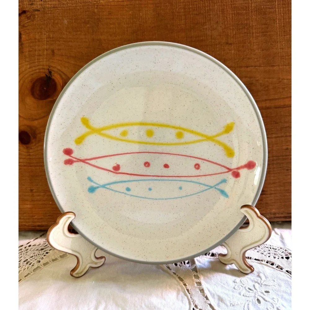 Harkerware Olympic Stone China Plate MCM Atomic Yellow Pink Blue 7.5 Vintage